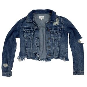 Cello Distressed Denim Jacket S Blue Frayed Hem Cropped Grunge Shabby Chic Edgy